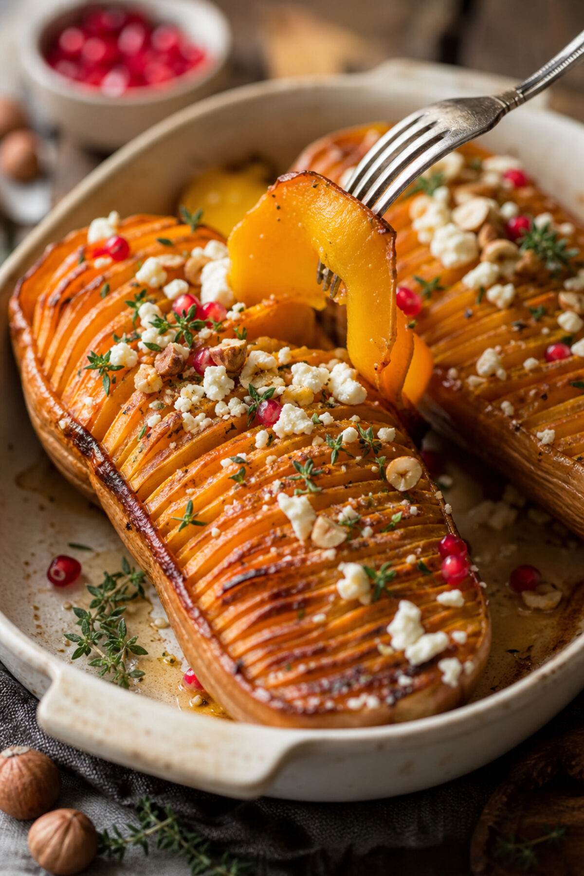butternut Hasselback fondante avec lamelles caramélisées, feta, noisettes, thym et graines de grenade