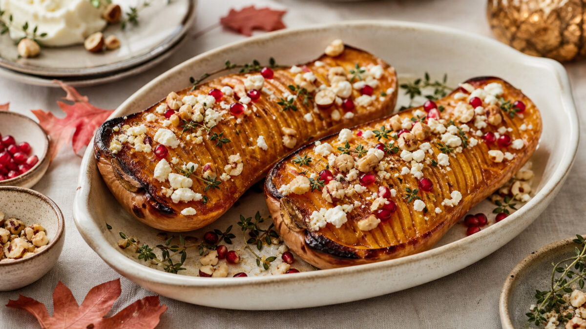 butternut Hasselback au miel, feta et noisettes servie dans un plat en grès sur une table d’automne