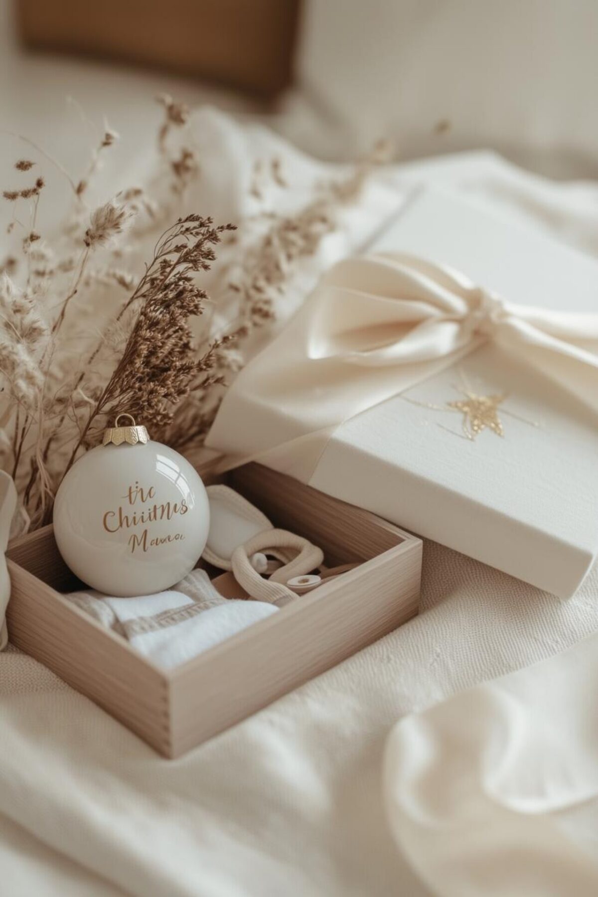 boîte cadeau blanche avec ruban, boule de Noël personnalisée et petit vêtement bébé dans un coffret en bois clair