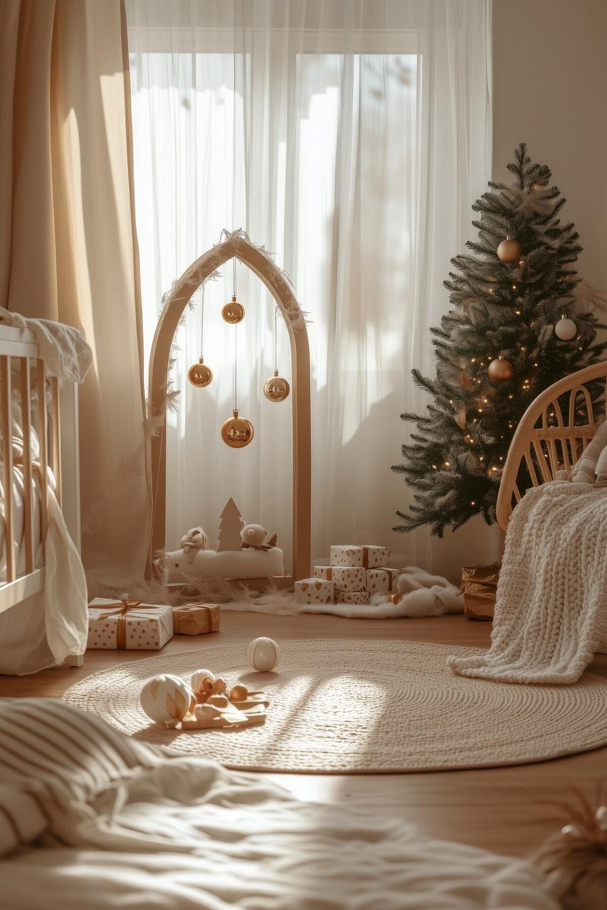 chambre de bébé décorée pour Noël avec sapin lumineux, mobile de boules dorées, tapis rond et cadeaux au sol