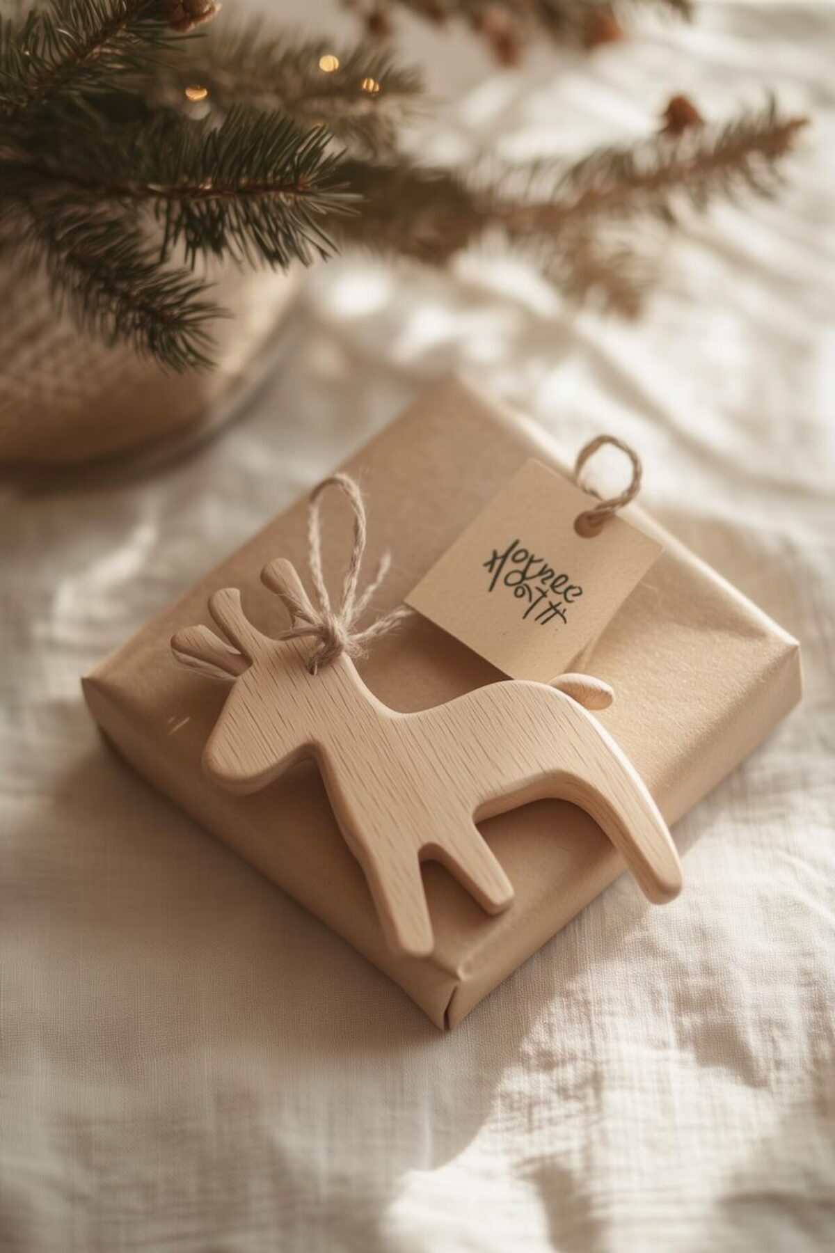 petit paquet cadeau kraft avec décoration en bois en forme de faon pour marquer le premier Noël de bébé