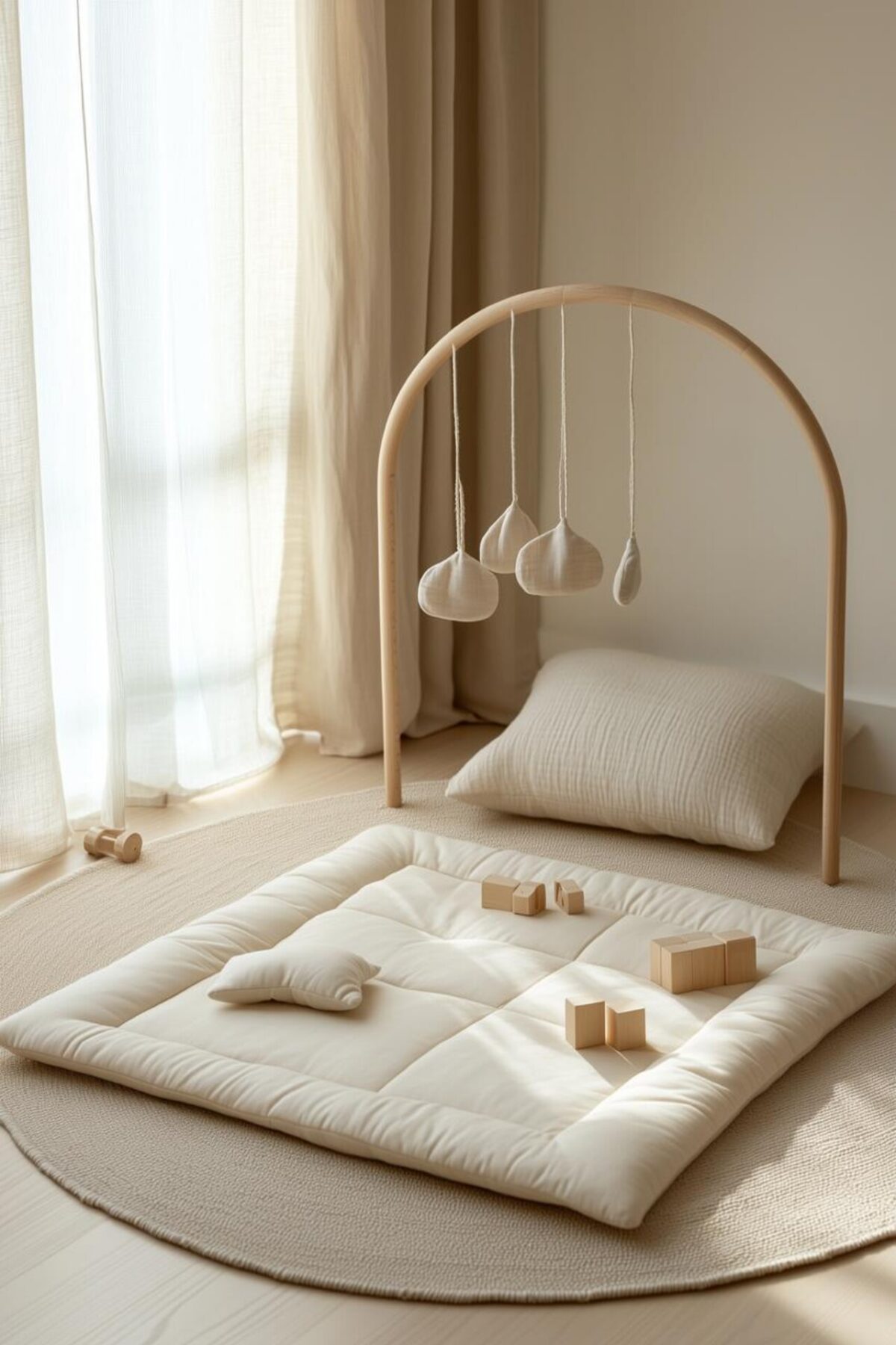 cadeau premier Noël bébé avec tapis moelleux, arche d’éveil en bois et jouets suspendus dans une chambre lumineuse aux tons naturels