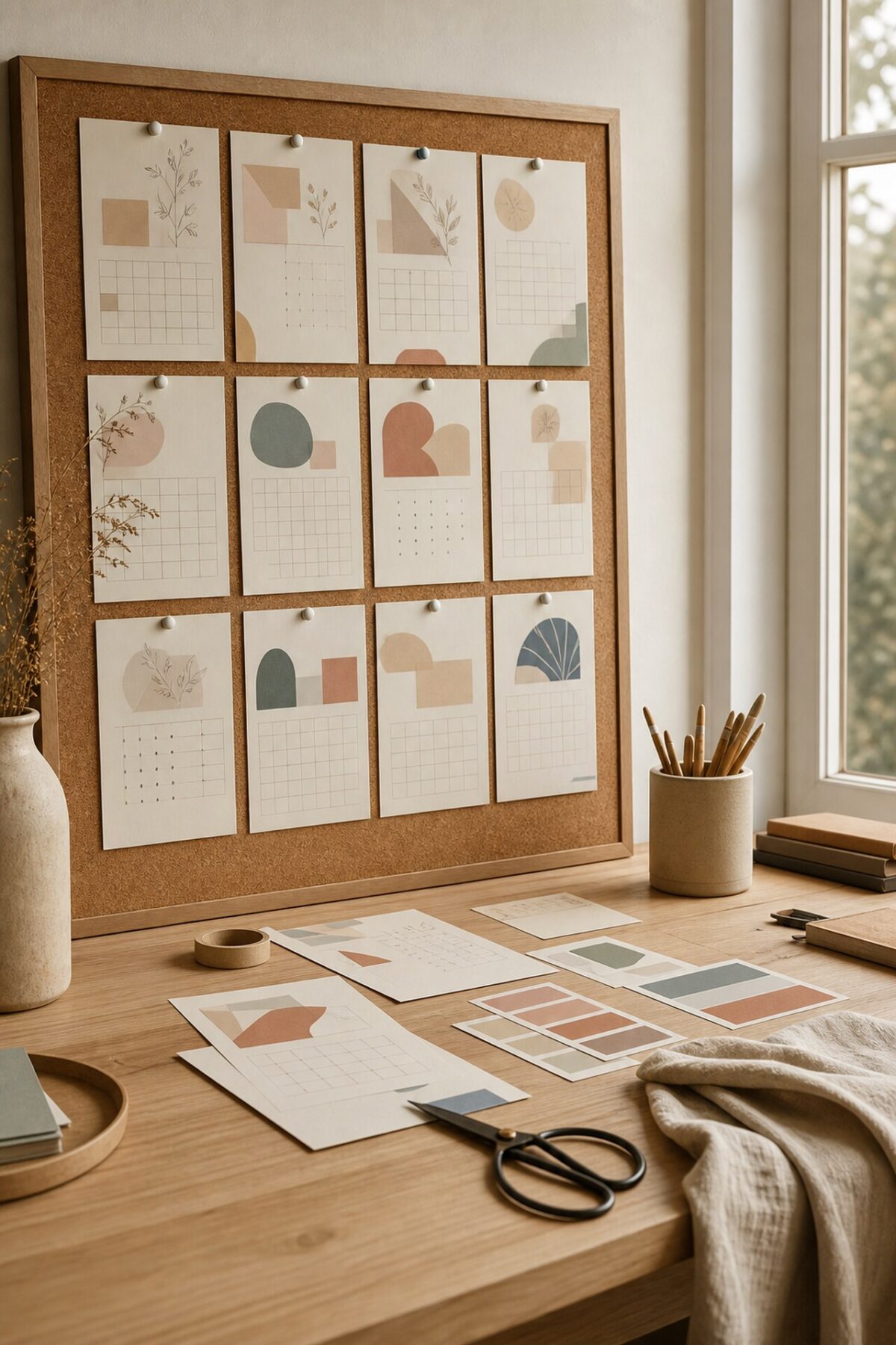 pages de calendrier DIY à imprimer présentées sur un panneau en liège dans un atelier créatif