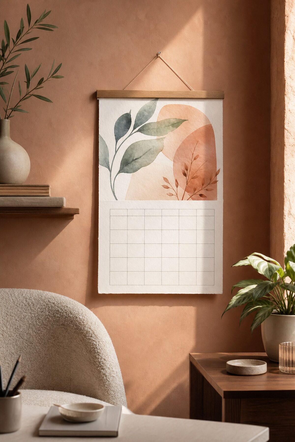calendrier mural illustré d’une aquarelle botanique sur un mur terracotta près d’un bureau
