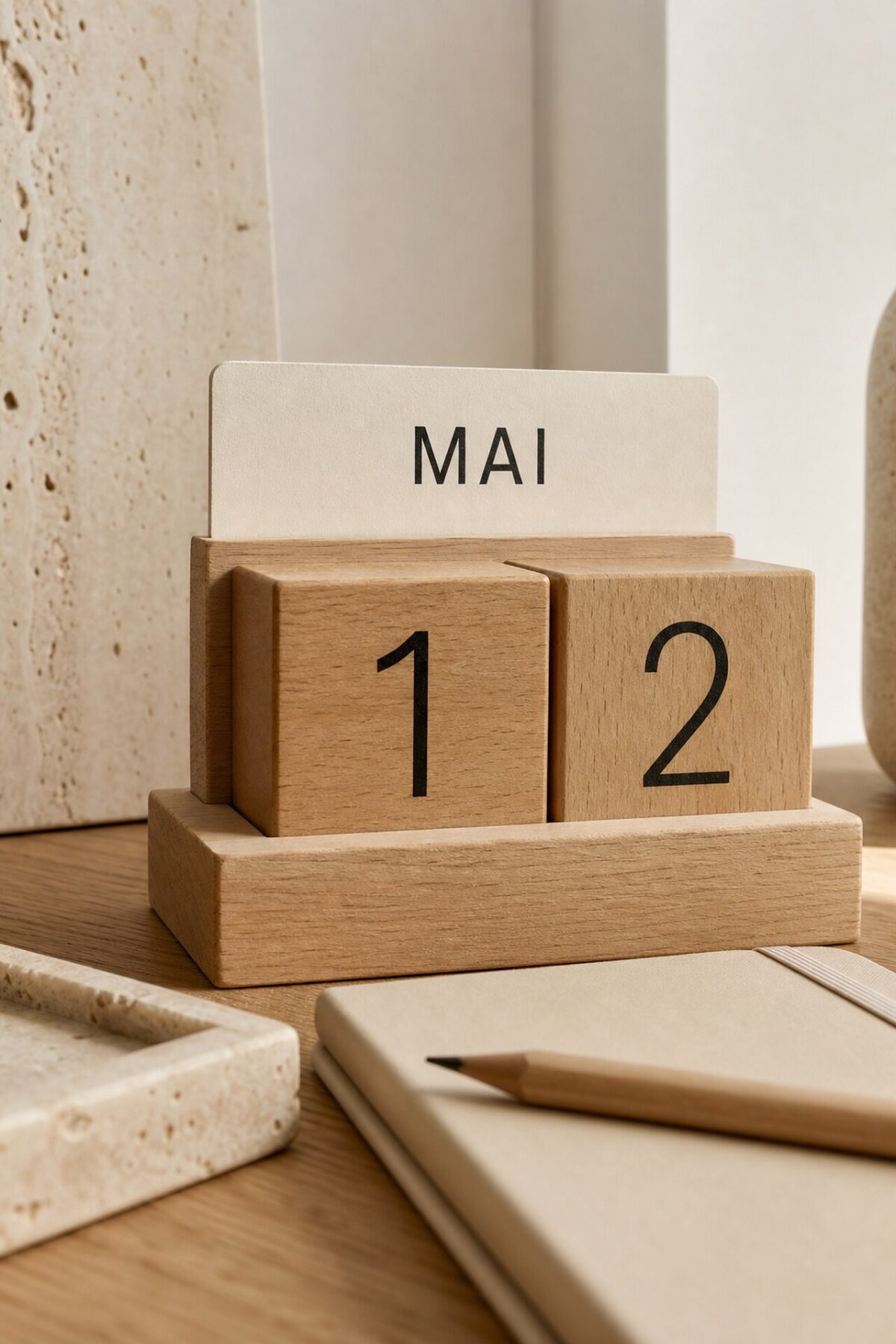 calendrier perpétuel en bois clair avec cubes numérotés posé sur un bureau minimaliste
