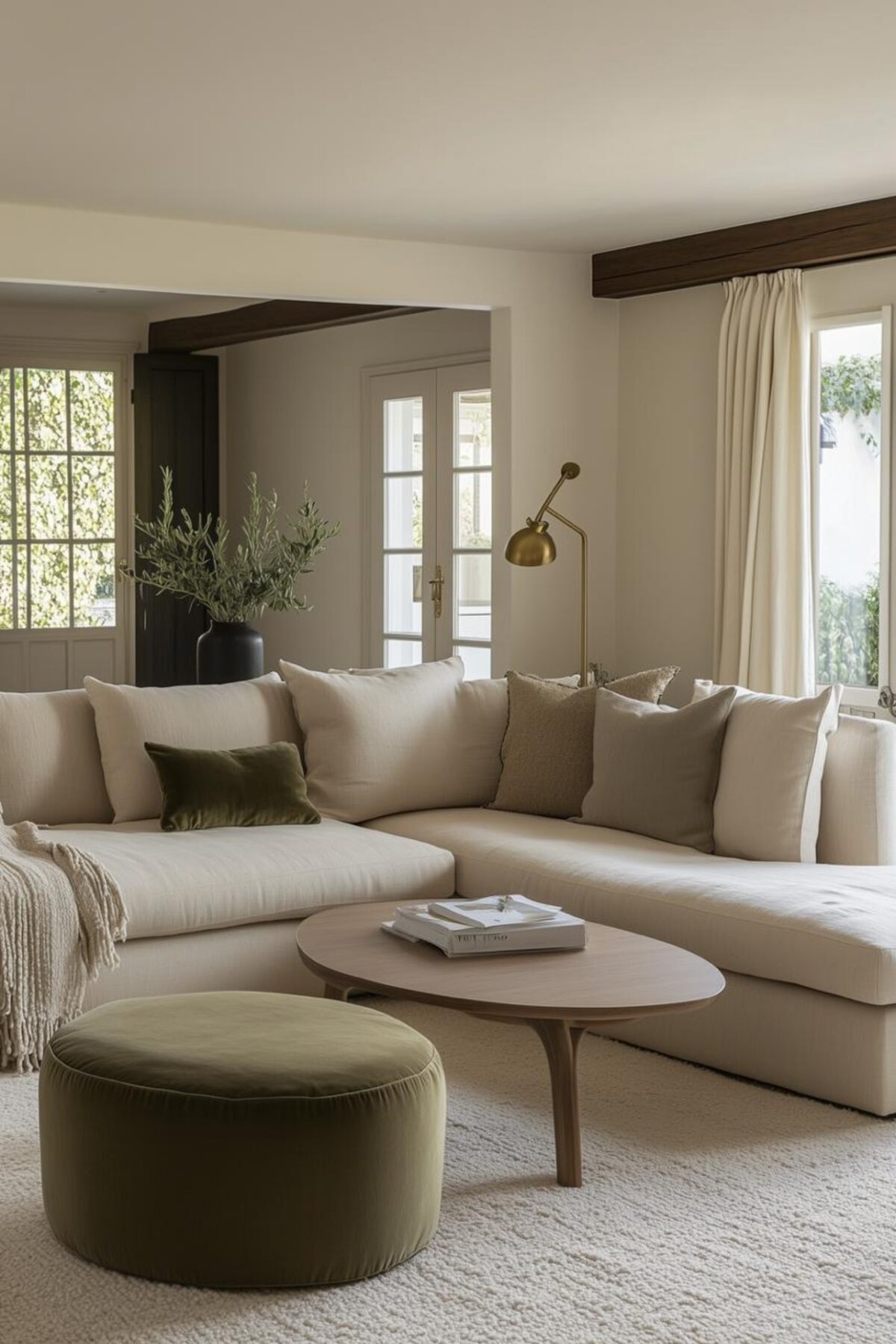 salon beige lumineux avec canapé d’angle confortable, pouf vert arrondi, table basse ovale et coussins doux