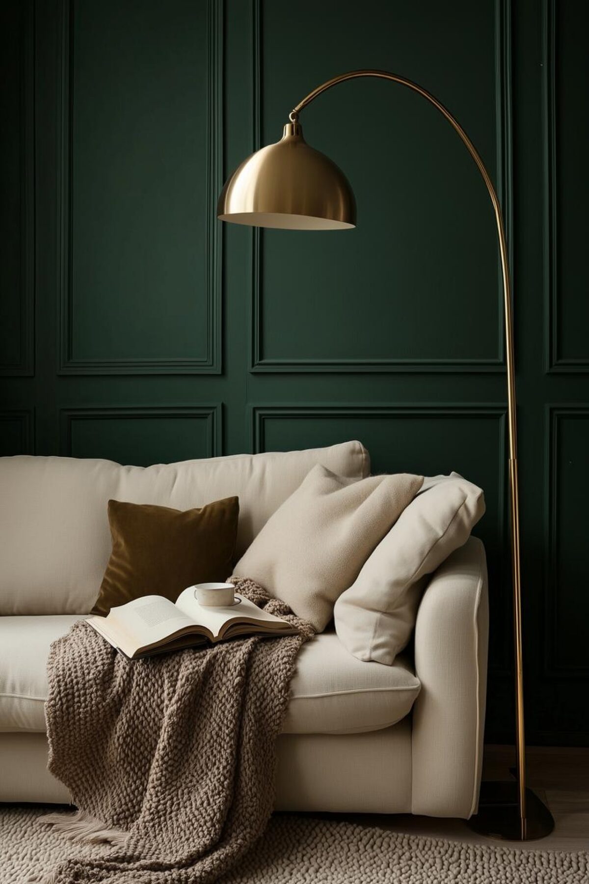 Canapé-lit crème avec coussins neutres, plaid maille et lampadaire doré devant un mur vert foncé