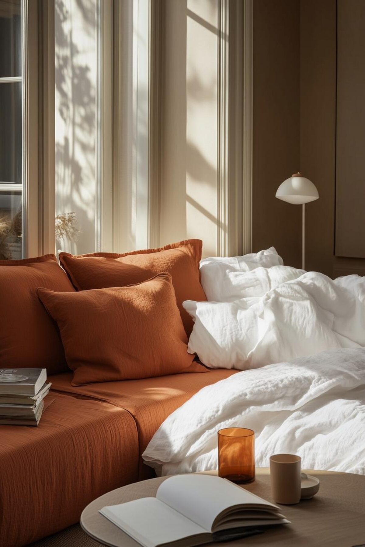 Canapé-lit terracotta ouvert avec linge de lit blanc dans un salon baigné de lumière
