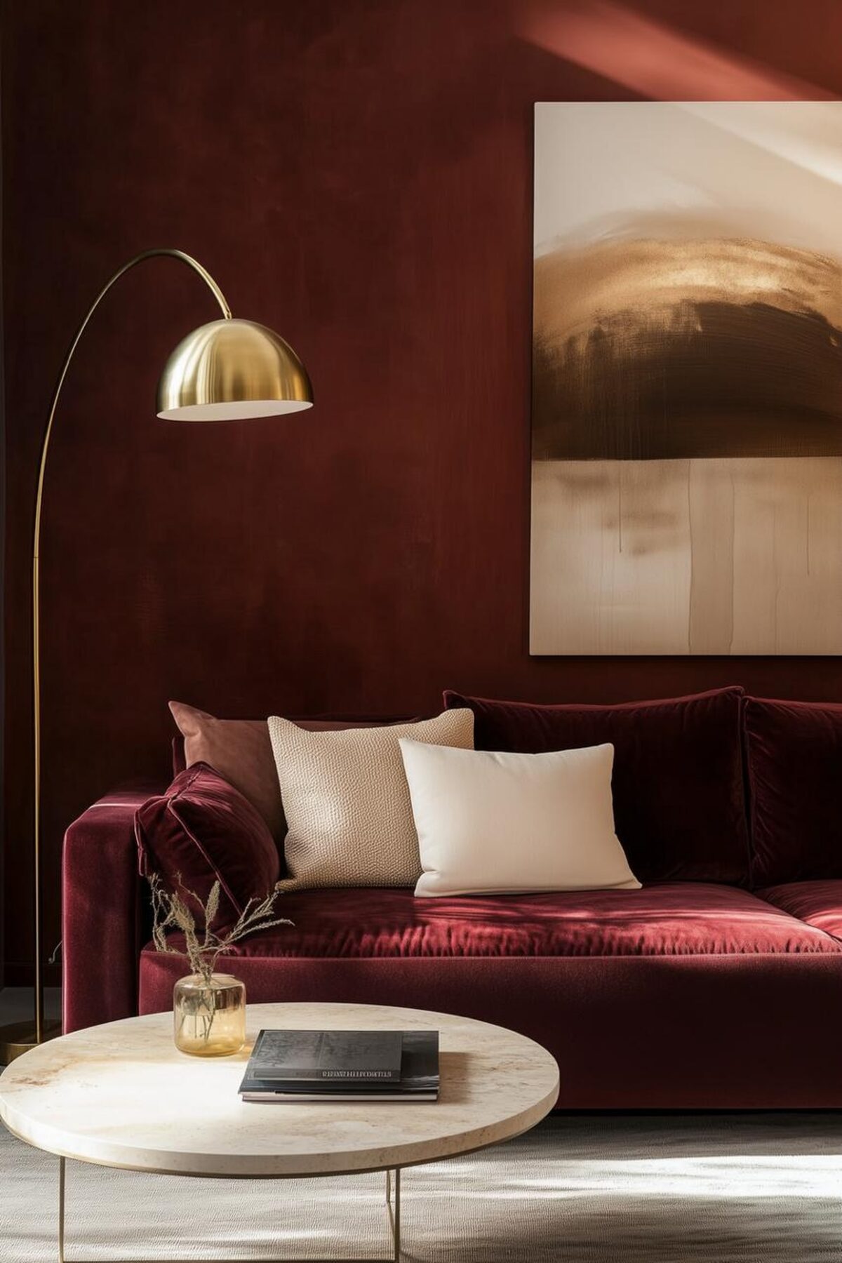 Canapé-lit en velours bordeaux avec lampadaire doré et mur brun rouge dans un salon design