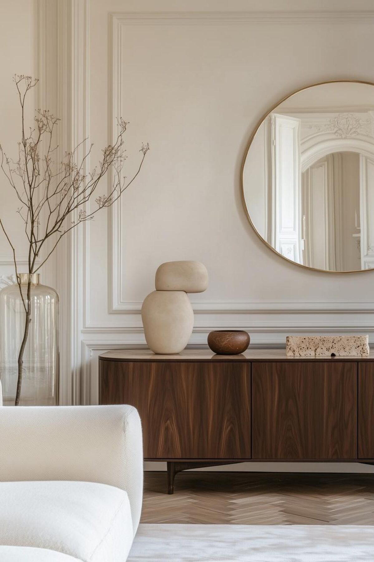 enfilade en bois foncé sous un miroir rond dans un salon élégant avec moulures, vase en verre et objets sculpturaux