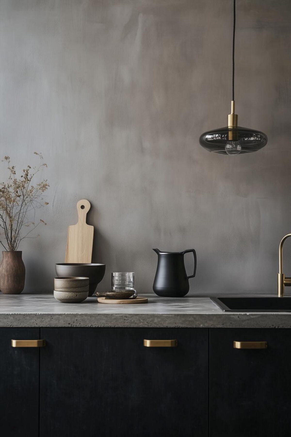 cuisine étroite graphique avec plan de travail gris foncé, façades noires, poignées en laiton et suspension fumée