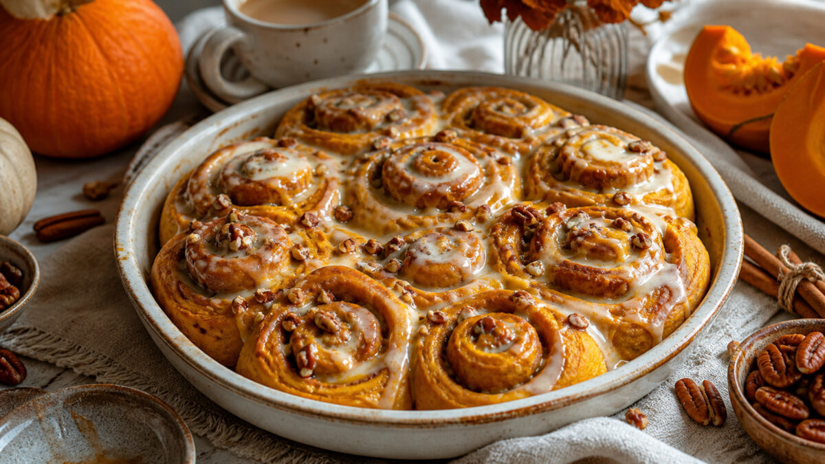 cinnamon rolls au potimarron glacés au sirop d’érable dans un plat rond sur une table de brunch d’automne
