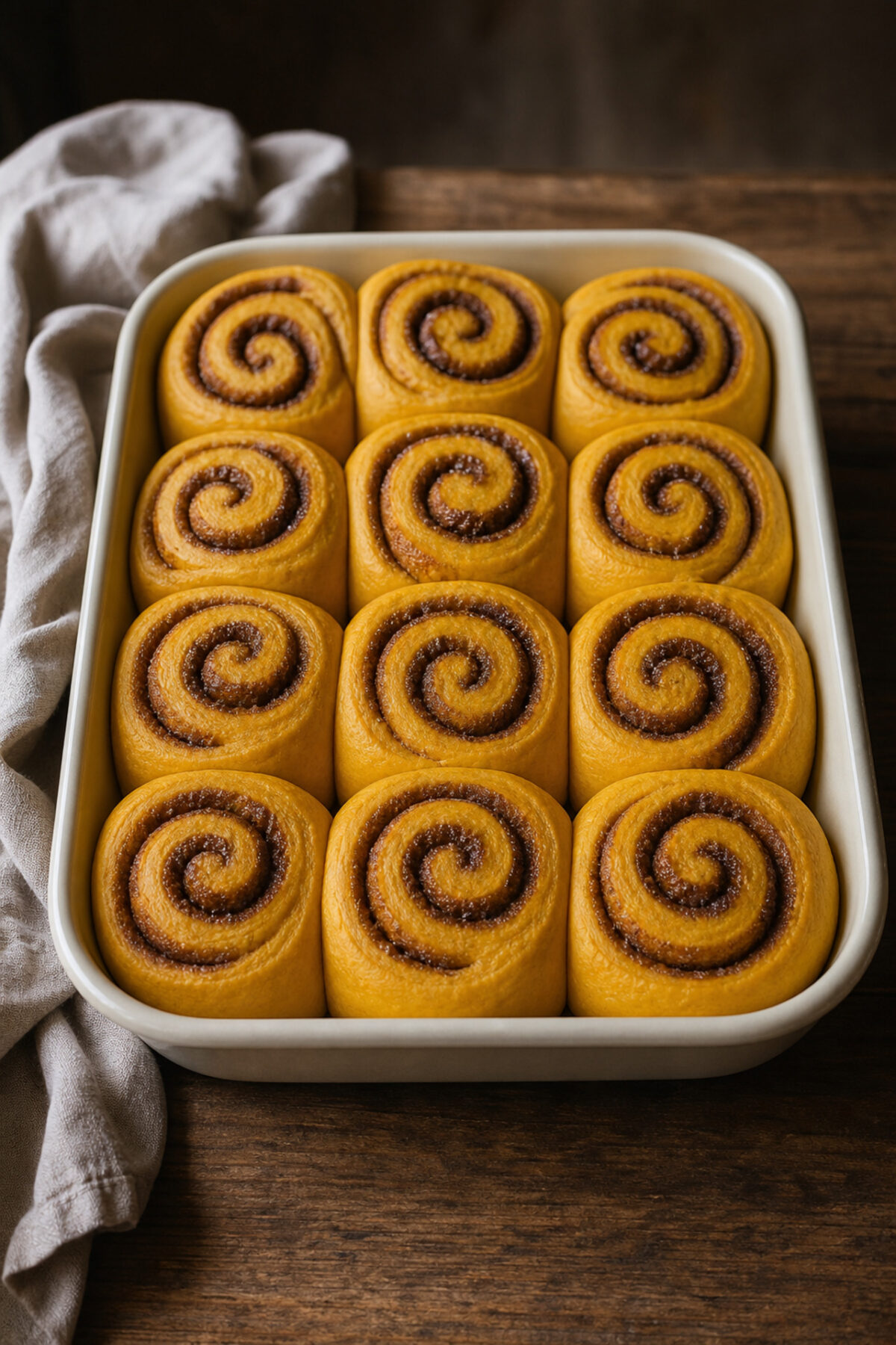 douze cinnamon rolls au potimarron façonnés et gonflés dans un plat en céramique avant cuisson