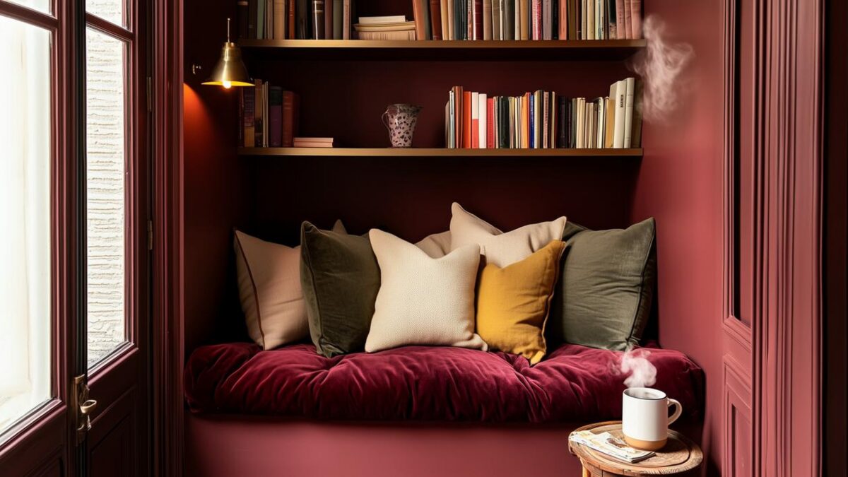 Coin lecture cosy dans une alcôve bordeaux avec banquette en velours, coussins colorés, bibliothèque intégrée et tasse fumante