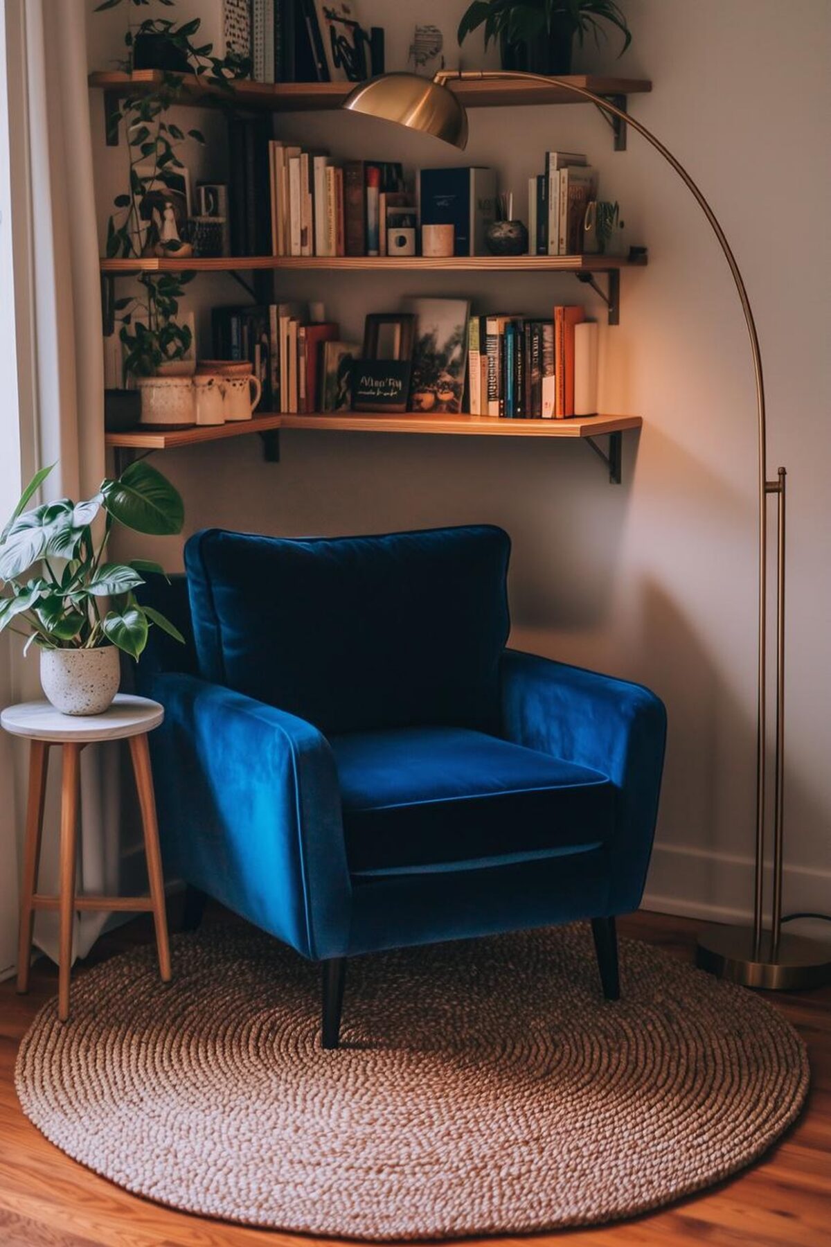 Coin lecture cosy avec fauteuil bleu en velours, étagères murales de livres, tapis rond en jute, plante et lampadaire doré