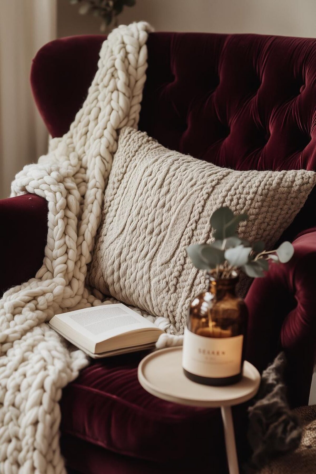 Coin lecture cosy avec fauteuil bordeaux en velours, plaid en grosse maille écru, coussin texturé et livre ouvert