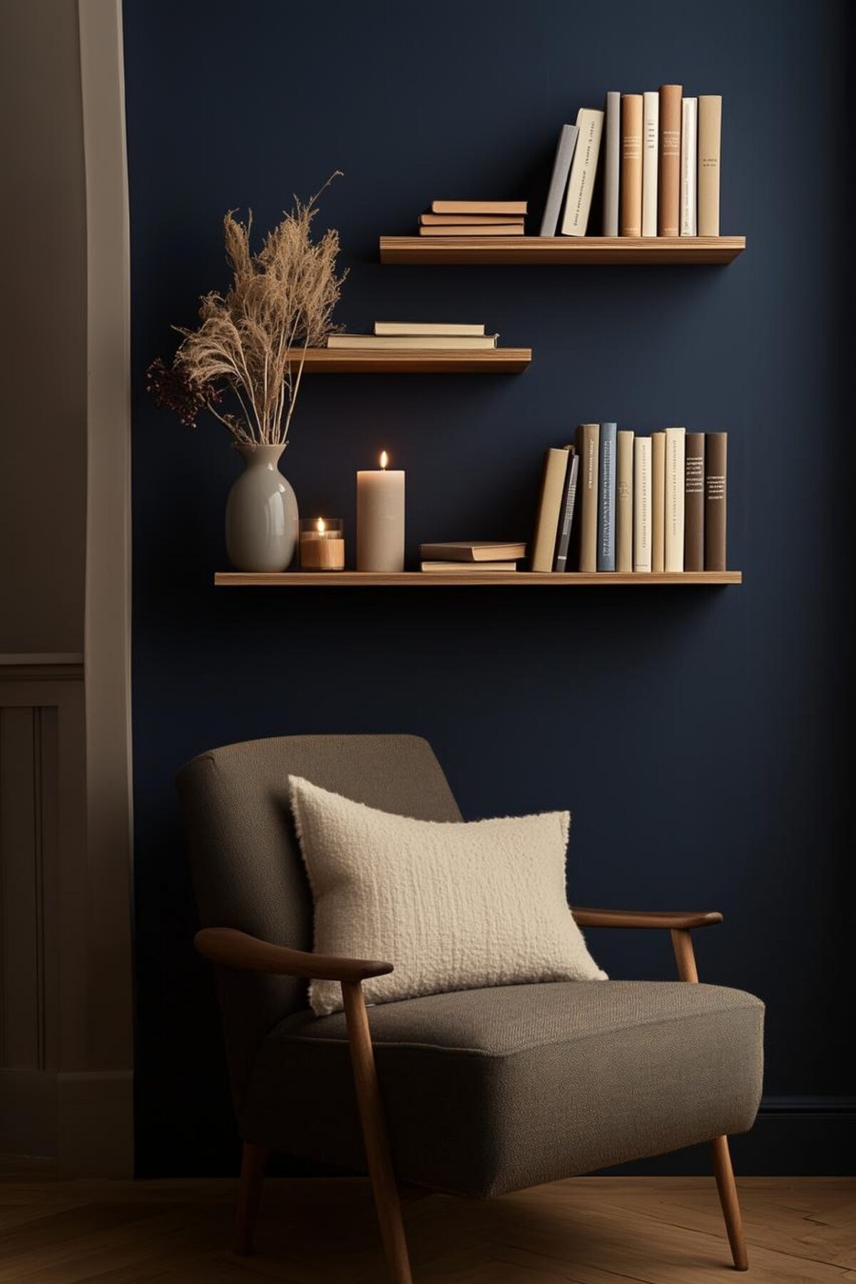 Coin lecture cosy dans un petit espace avec fauteuil gris, coussin écru, étagères murales en bois, livres et mur bleu nuit