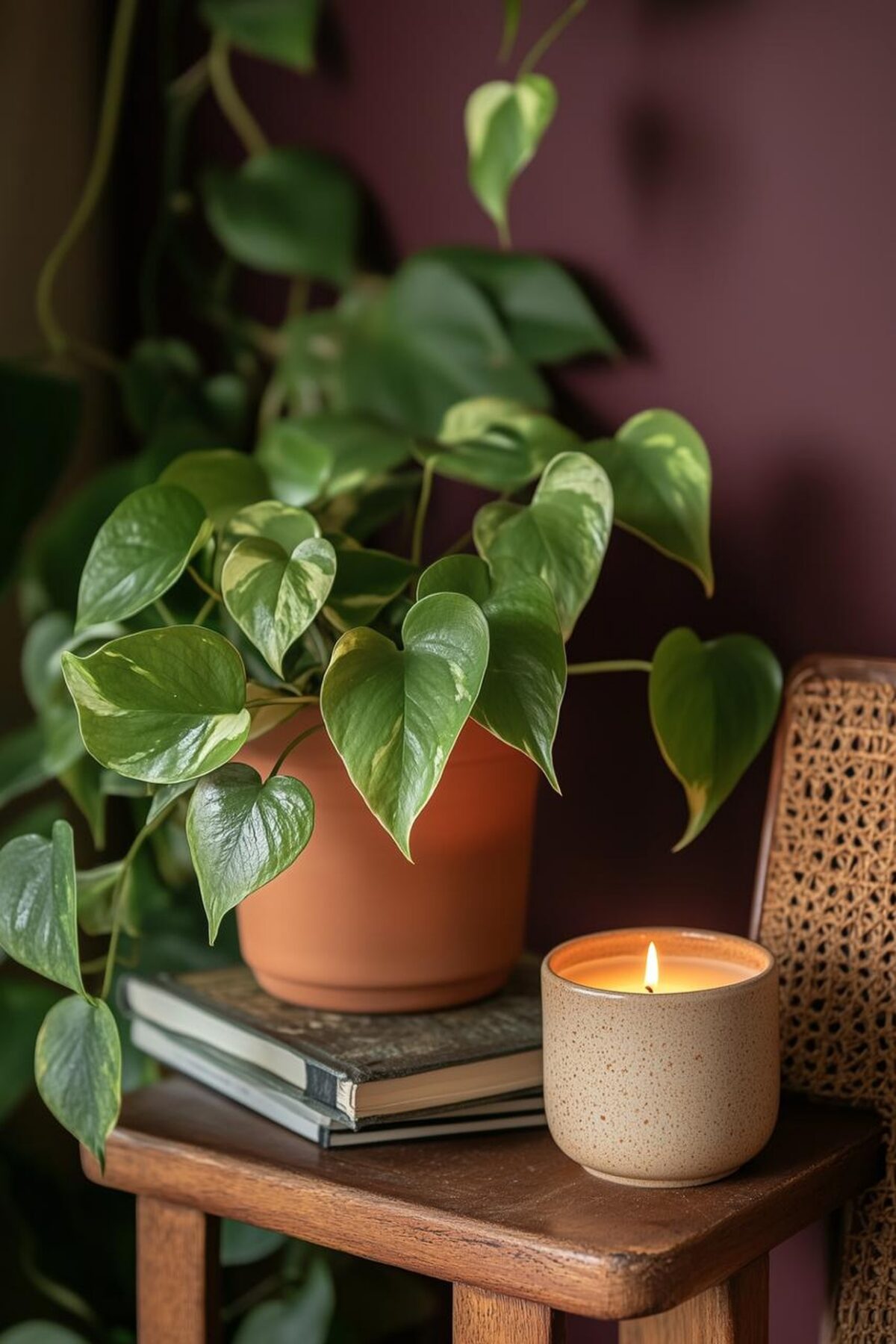 Détail cosy avec plante verte en pot terracotta, bougie allumée, livres empilés et chaise cannée près d’un coin lecture