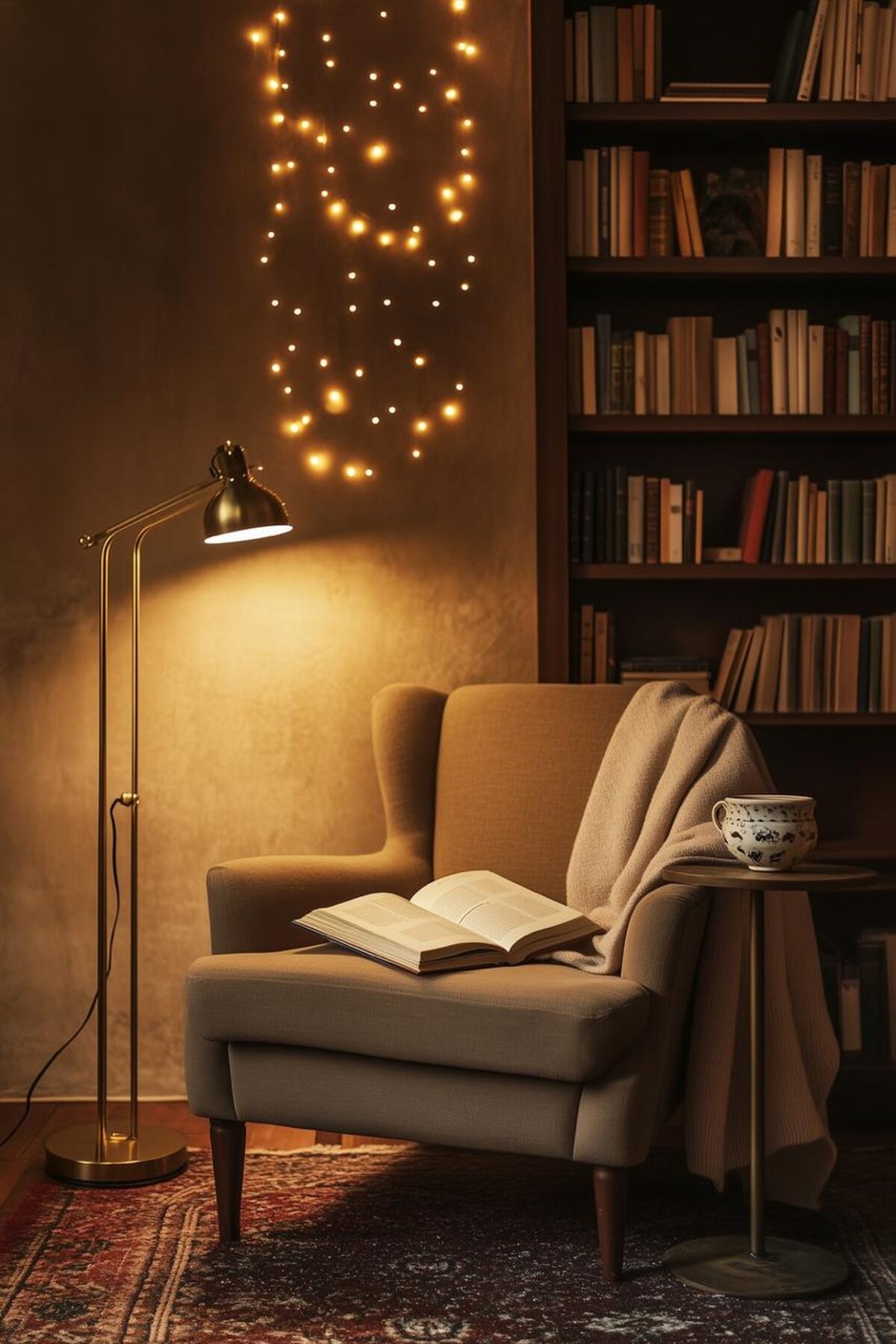 Coin lecture avec fauteuil beige, liseuse dorée, livre ouvert, bibliothèque sombre et guirlande lumineuse chaude