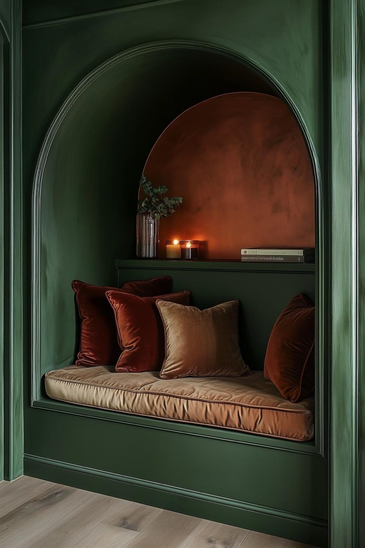 Coin lecture dans une alcôve vert foncé avec banquette sur mesure, coussins en velours, bougies et niche murale terracotta