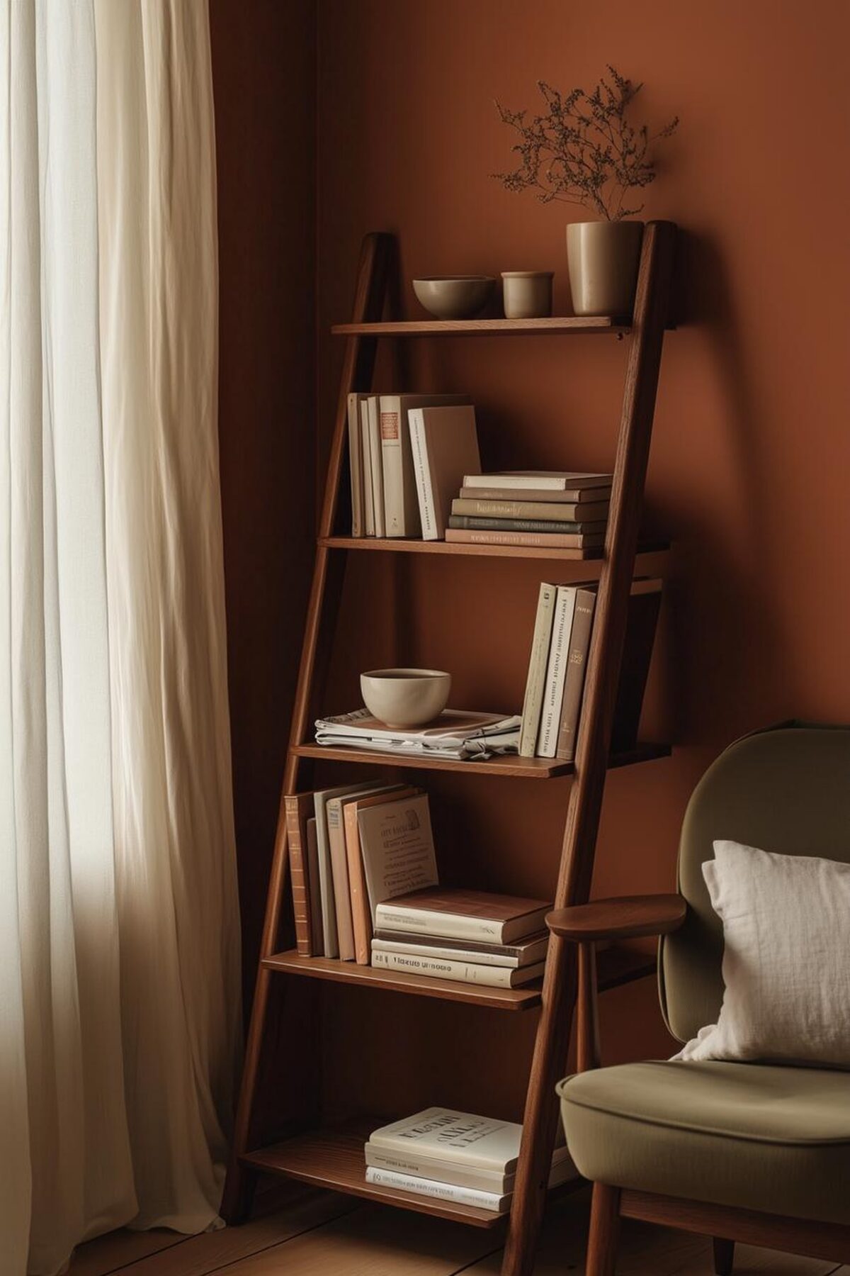 Bibliothèque échelle en bois avec livres et objets déco près d’un fauteuil vert dans un petit coin lecture chaleureux