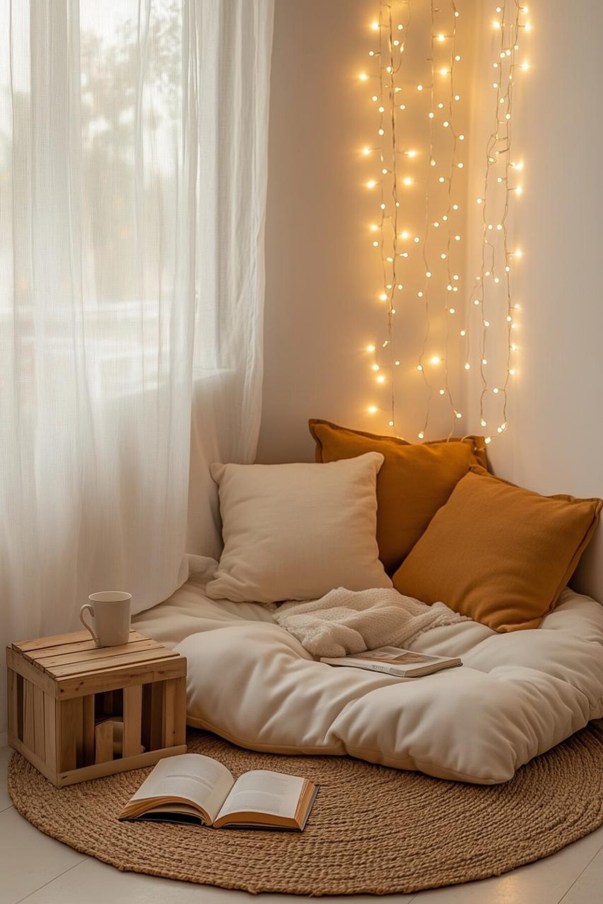 Petit coin lecture au sol avec grand coussin matelassé, coussins ocre, rideau blanc, tapis rond et guirlande lumineuse