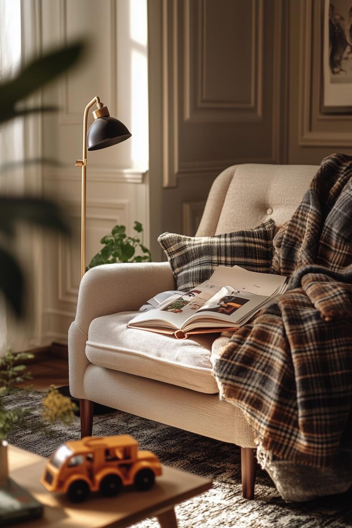 coin lecture chaleureux dans un salon familial avec fauteuil beige, plaid écossais, livre ouvert et camion en bois sur la table basse