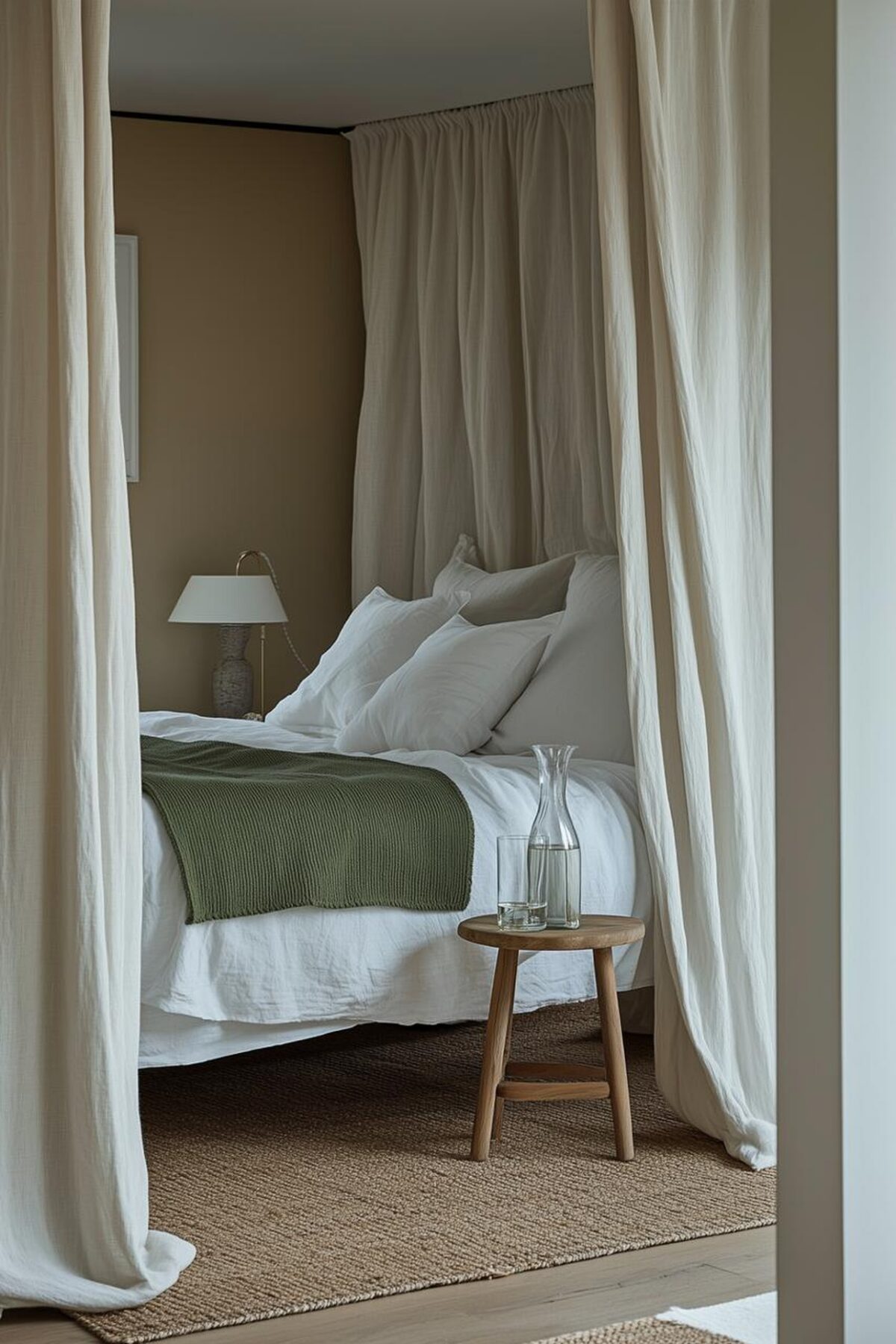 Coin nuit doux avec rideaux en lin, linge blanc et plaid vert pour transformer une pièce en chambre d’amis