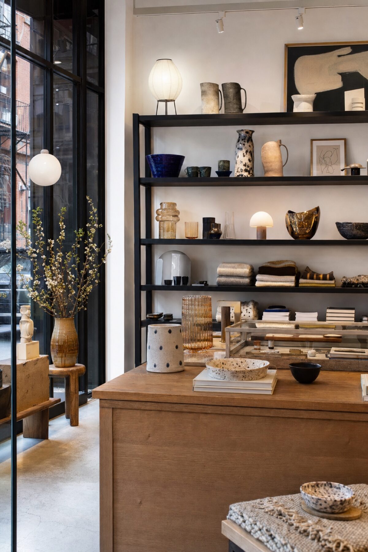 concept store déco à SoHo avec étagères de céramiques, verrerie colorée, lampes et textiles