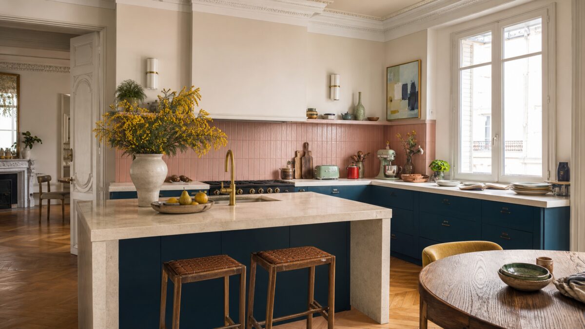 Cuisine parisienne aux meubles bleu pétrole, crédence rose poudré et accessoires colorés