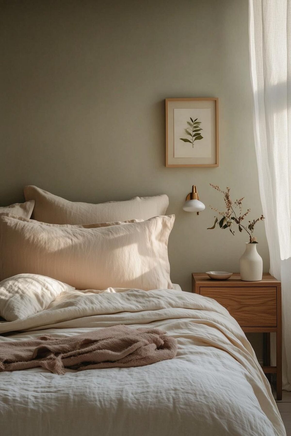 Chambre douce avec linge de lit en lin, mur vert sauge, table de chevet en bois et rideau léger pour une décoration durable apaisante.