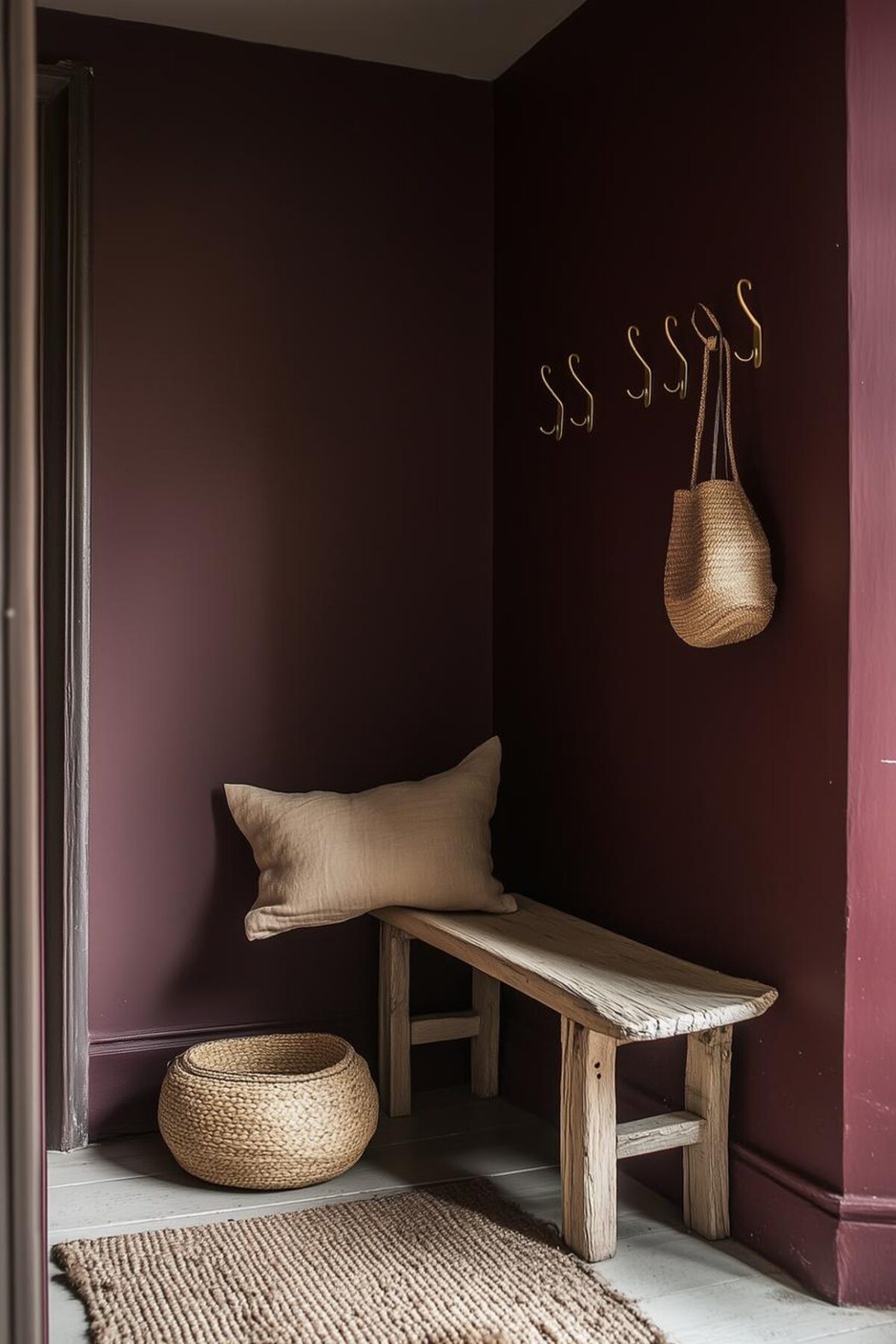 Entrée étroite avec mur bordeaux, banc en bois brut, patères laiton et paniers en fibres naturelles comme exemple de contrainte transformée en style.