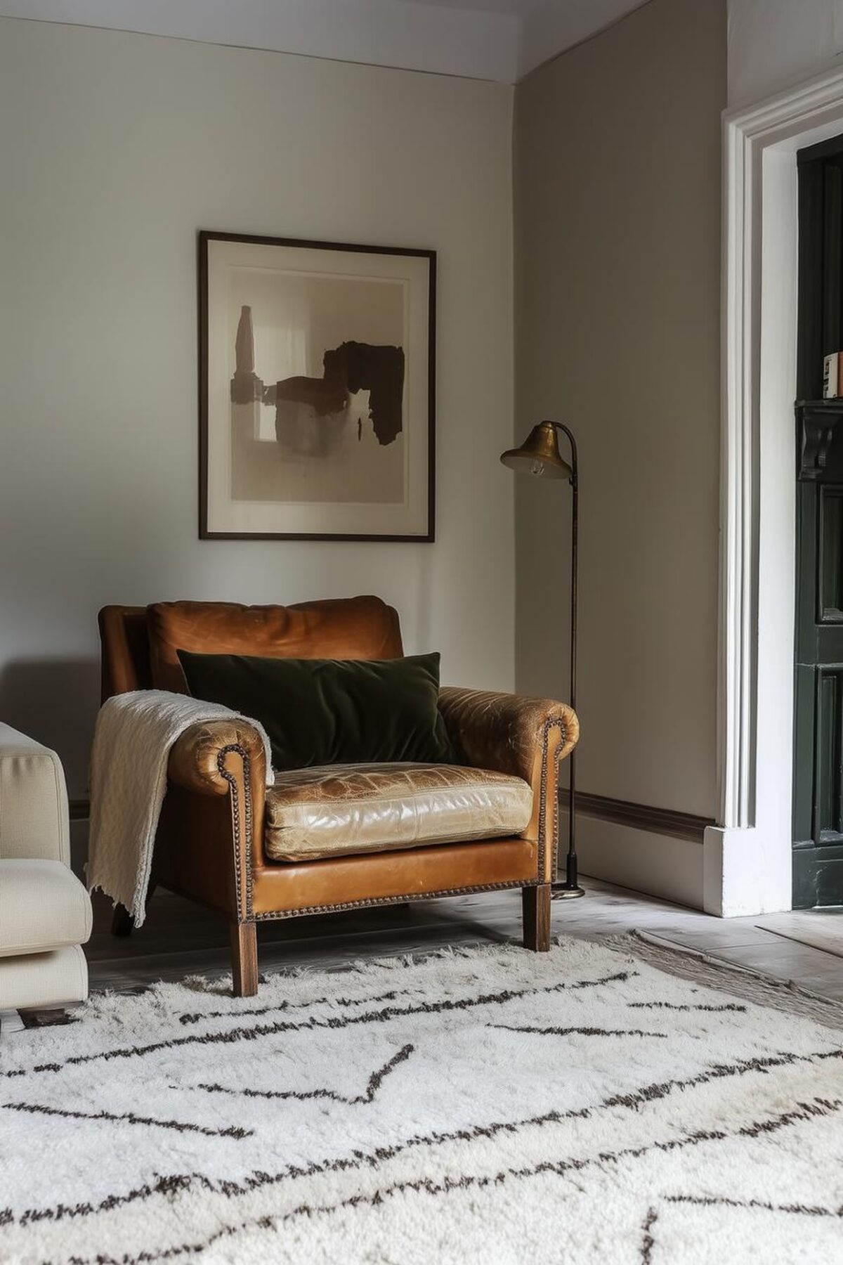 Fauteuil en cuir vintage avec coussin vert, plaid blanc, tapis berbère et lampe en laiton dans un salon durable et chaleureux.