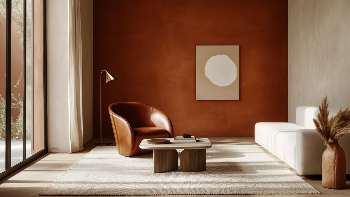 Salon lumineux avec mur terracotta, fauteuil en cuir, tapis naturel et peu d’objets pour illustrer une déco durable forte et chaleureuse.