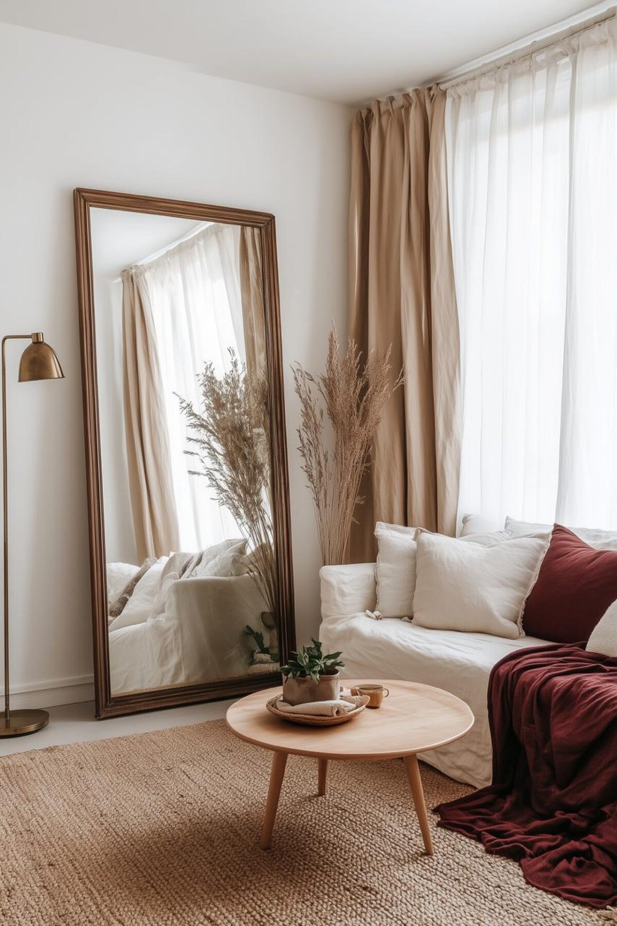 Coin salon clair avec grand miroir ancien posé au sol, rideaux en lin, tapis naturel et plaid bordeaux pour valoriser l’existant.