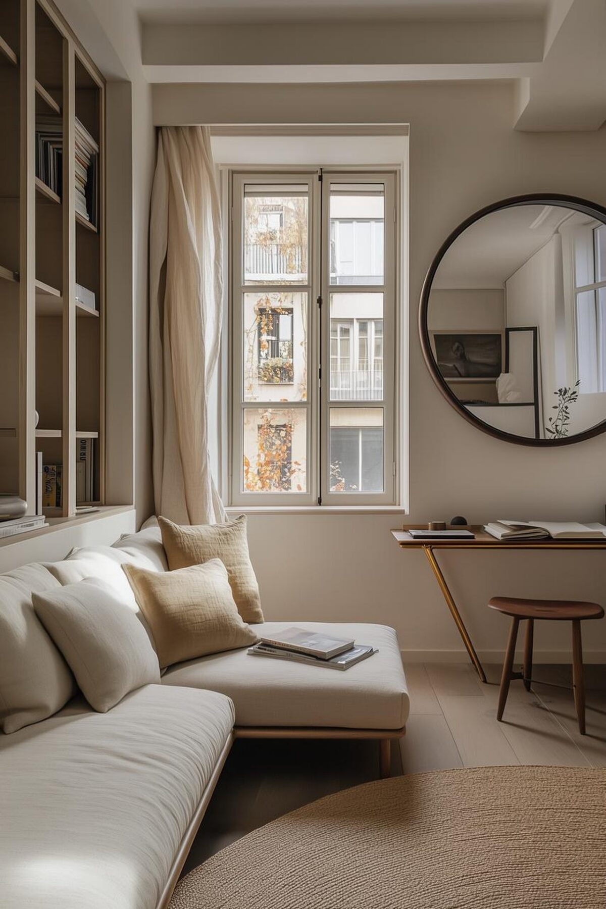 Petit salon lumineux avec canapé clair, miroir rond, tapis naturel et bureau discret pour une déco durable dans un espace contraint.