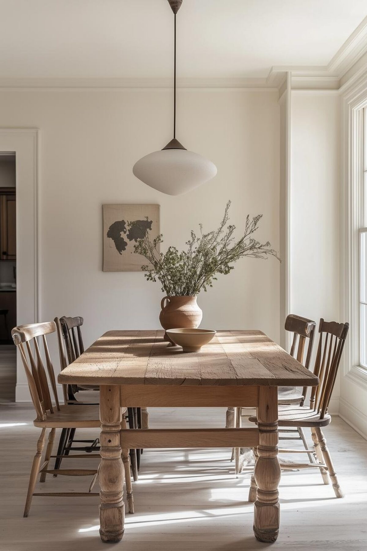 Salle à manger lumineuse avec table ancienne en bois, chaises dépareillées, vase en terre cuite et suspension blanche au-dessus du repas.