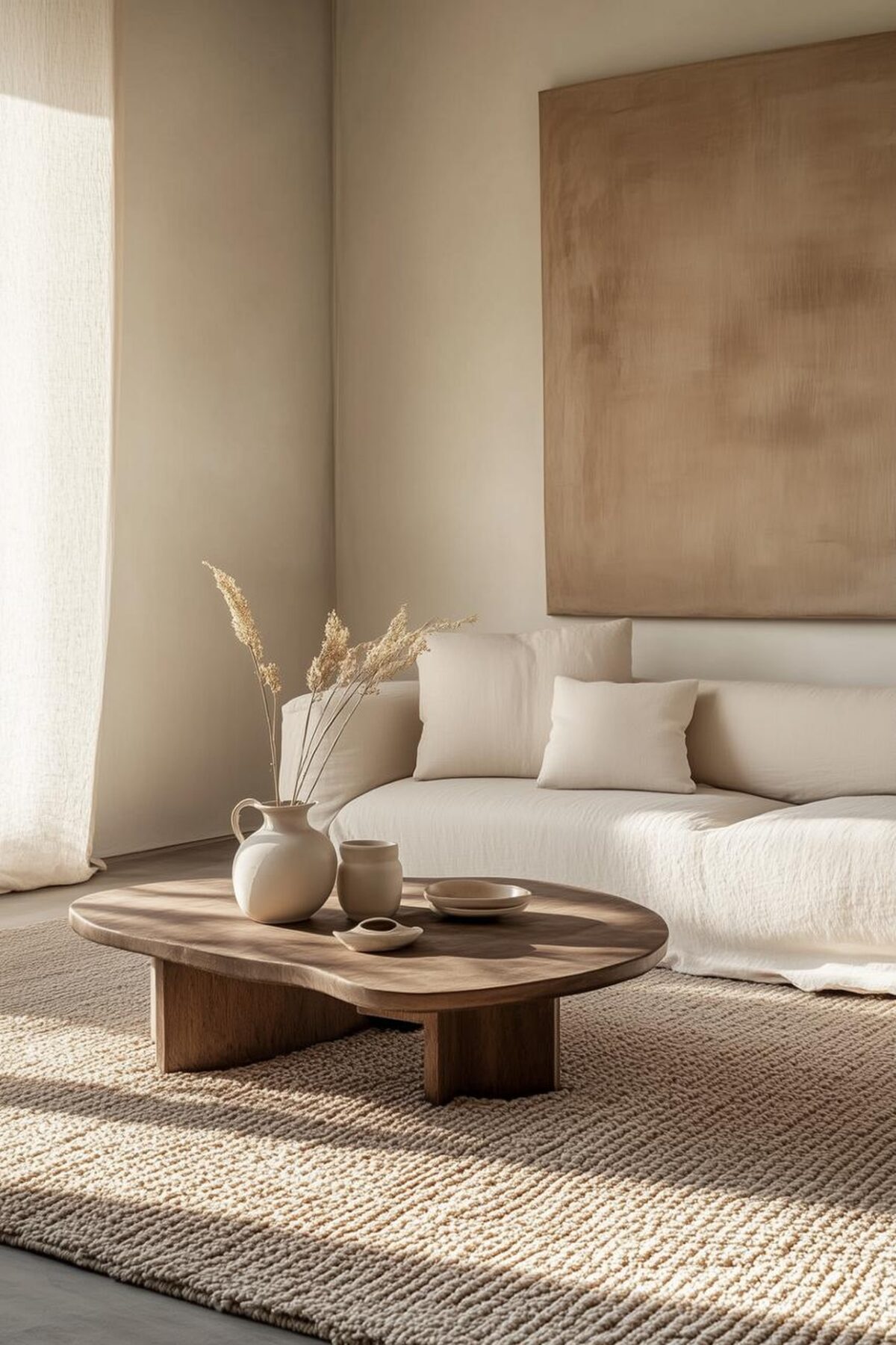 Salon minimaliste avec canapé en lin clair, table basse en bois, tapis texturé et quelques céramiques dans une ambiance déco durable apaisée.
