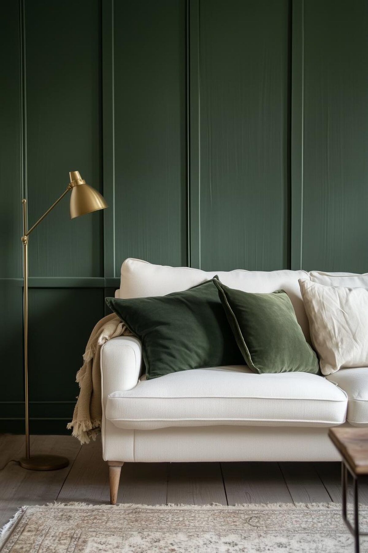 Salon avec mur vert profond, canapé blanc, coussins en velours vert et lampadaire laiton pour créer un style fort avec peu d’objets.