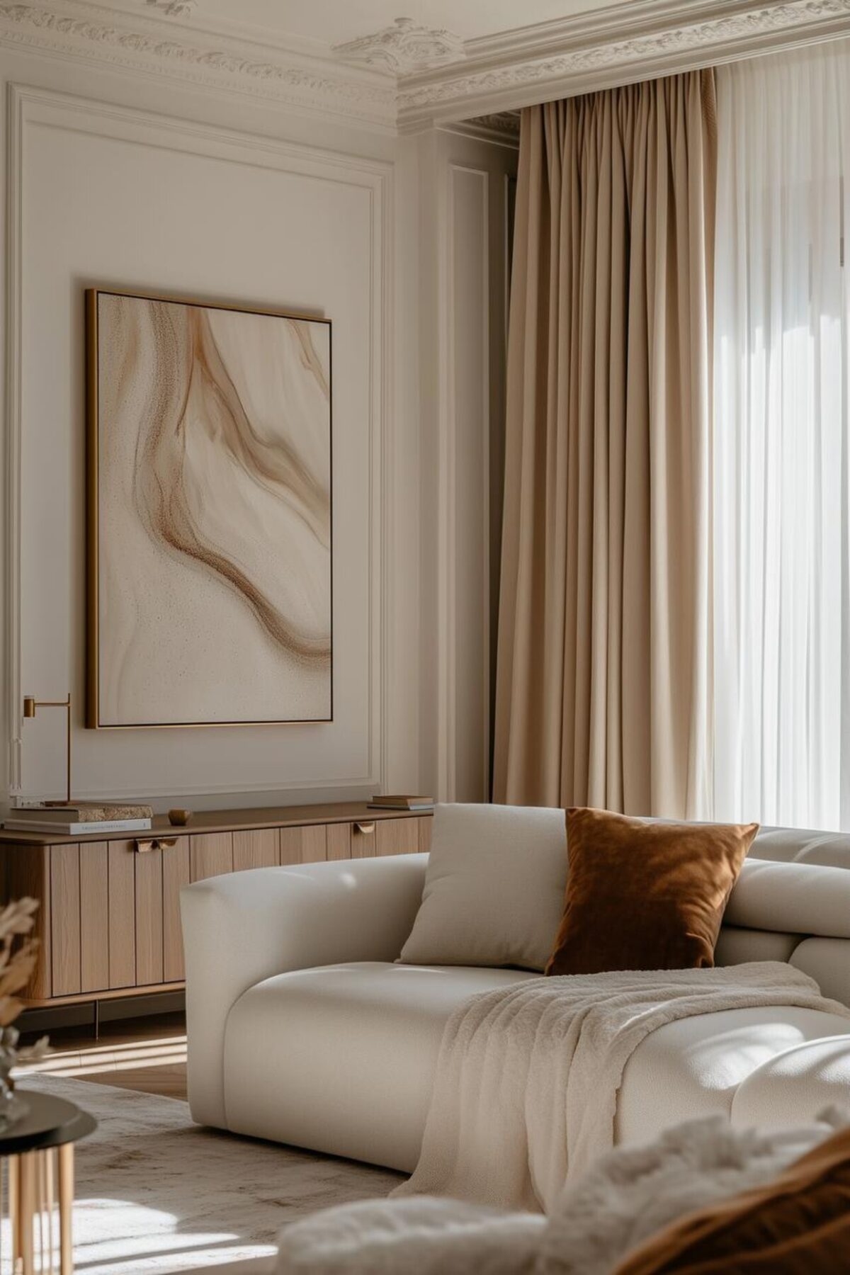 Salon lumineux avec grand tableau abstrait, rideaux beige pleine hauteur, canapé clair et touches de bois