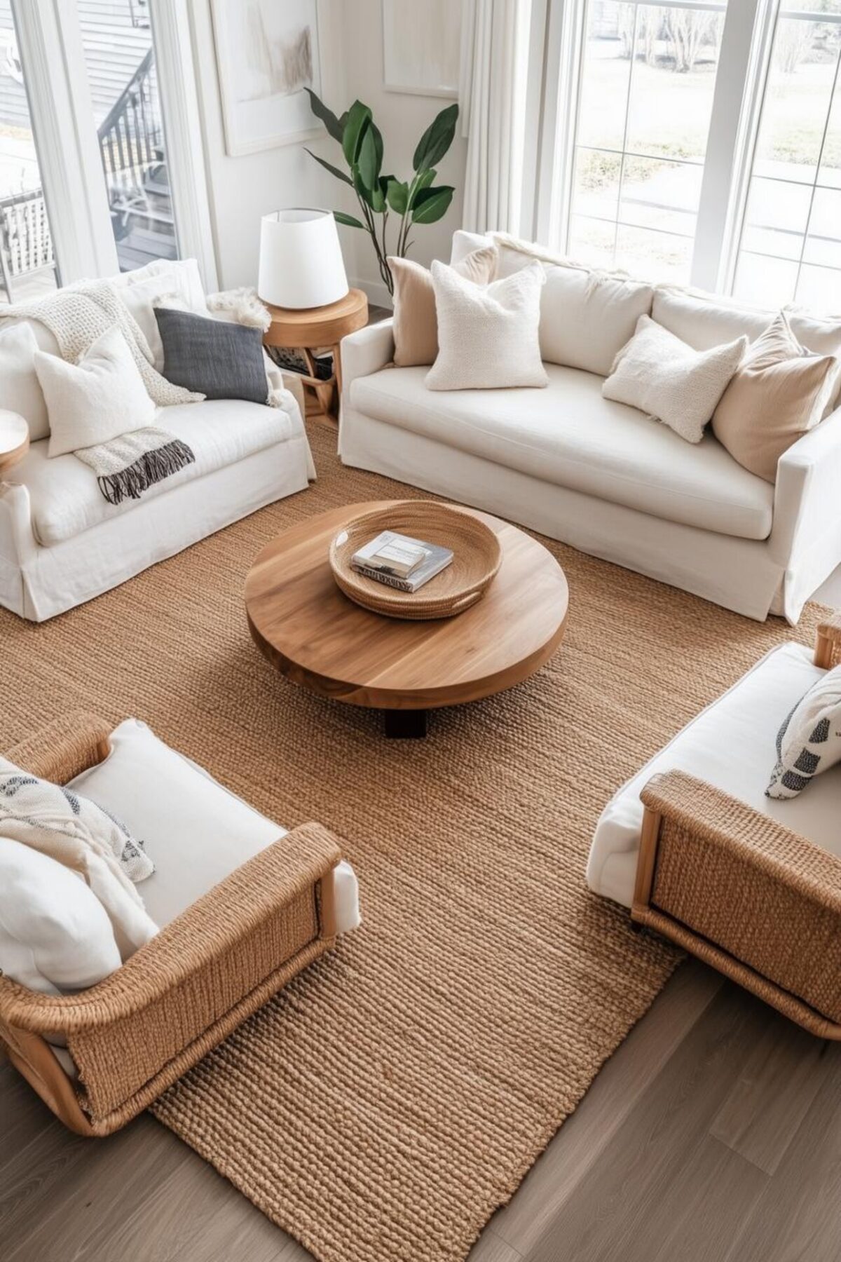 Salon lumineux avec grand tapis en jute, canapés blancs, fauteuils en fibres naturelles et table basse ronde en bois