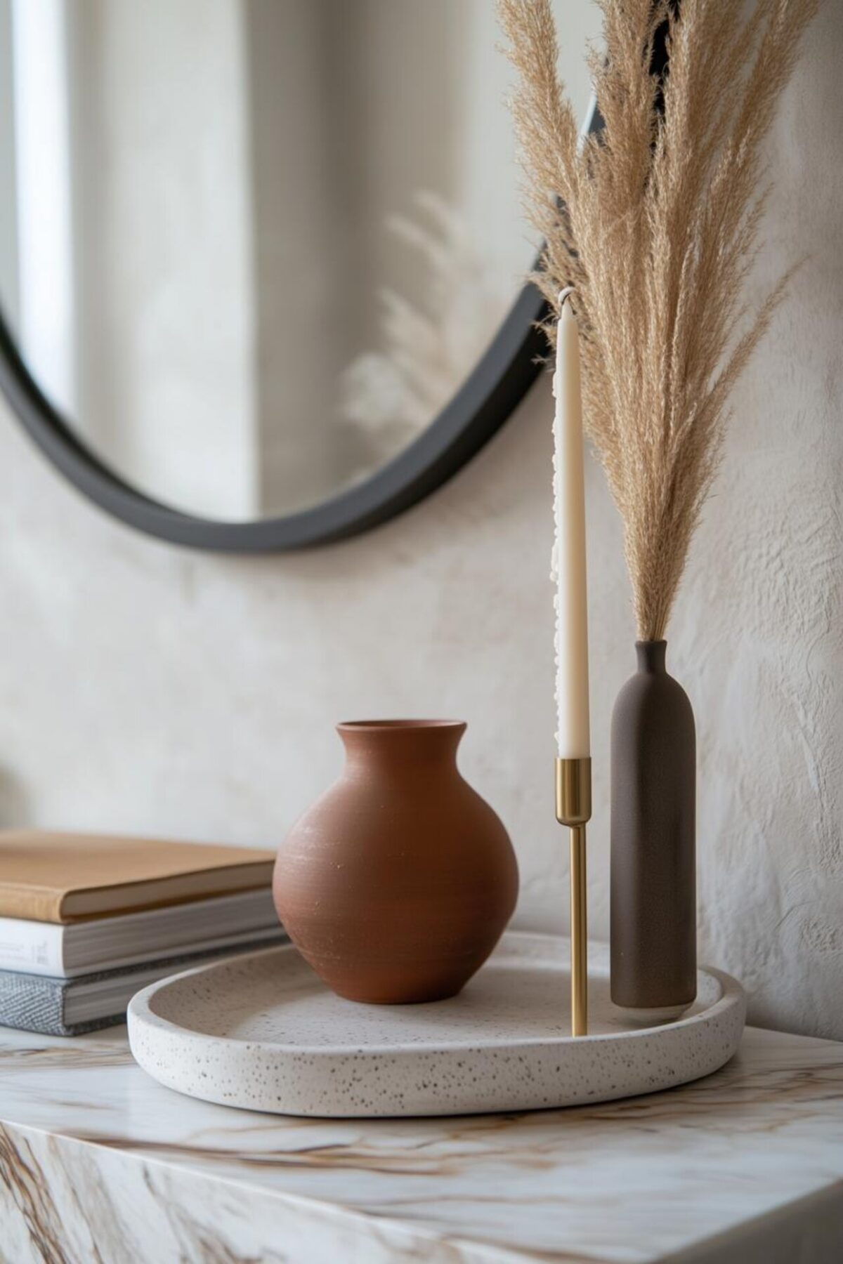 Plateau en céramique avec vase terracotta, bougie fine, herbes de pampa et miroir rond noir sur une console effet marbre