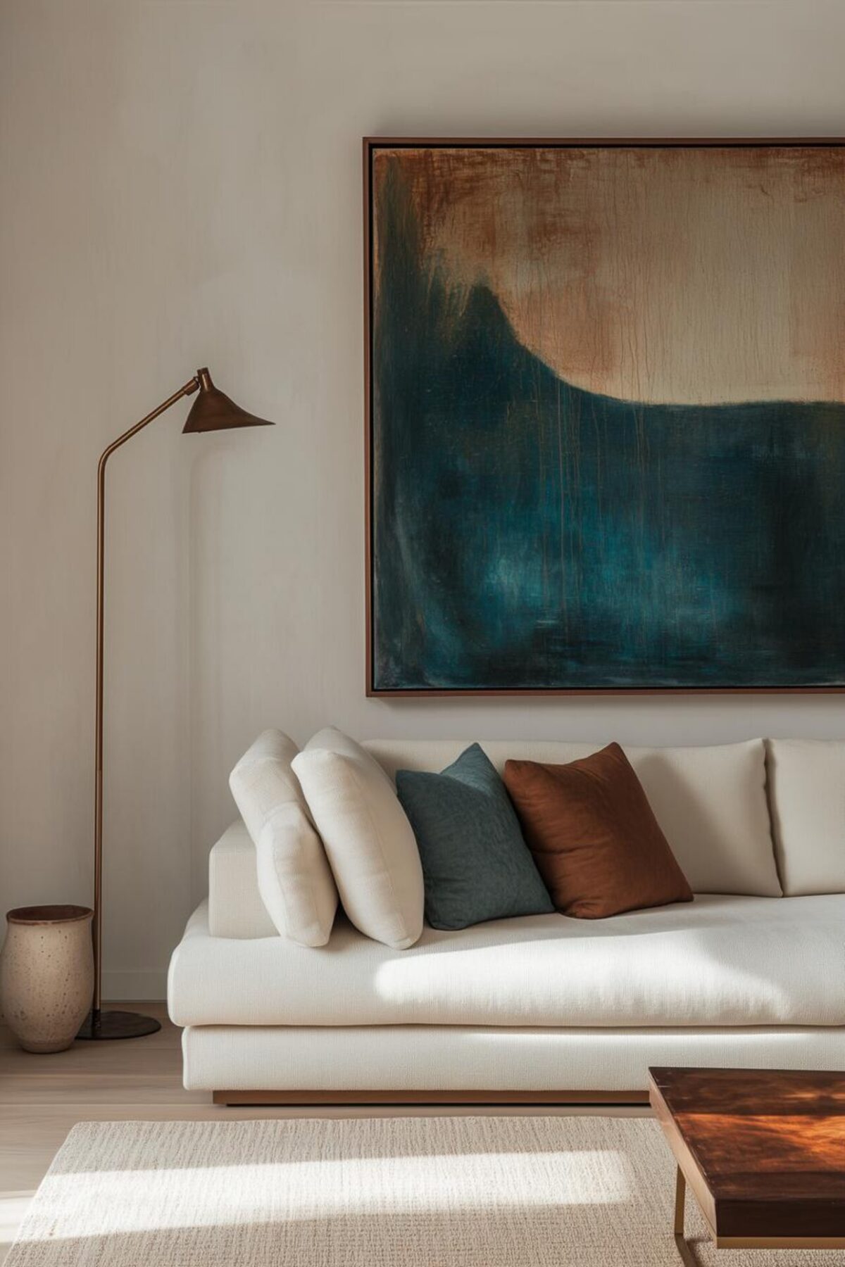 Grand tableau abstrait bleu et terracotta au-dessus d’un canapé blanc avec coussins colorés et lampadaire en métal