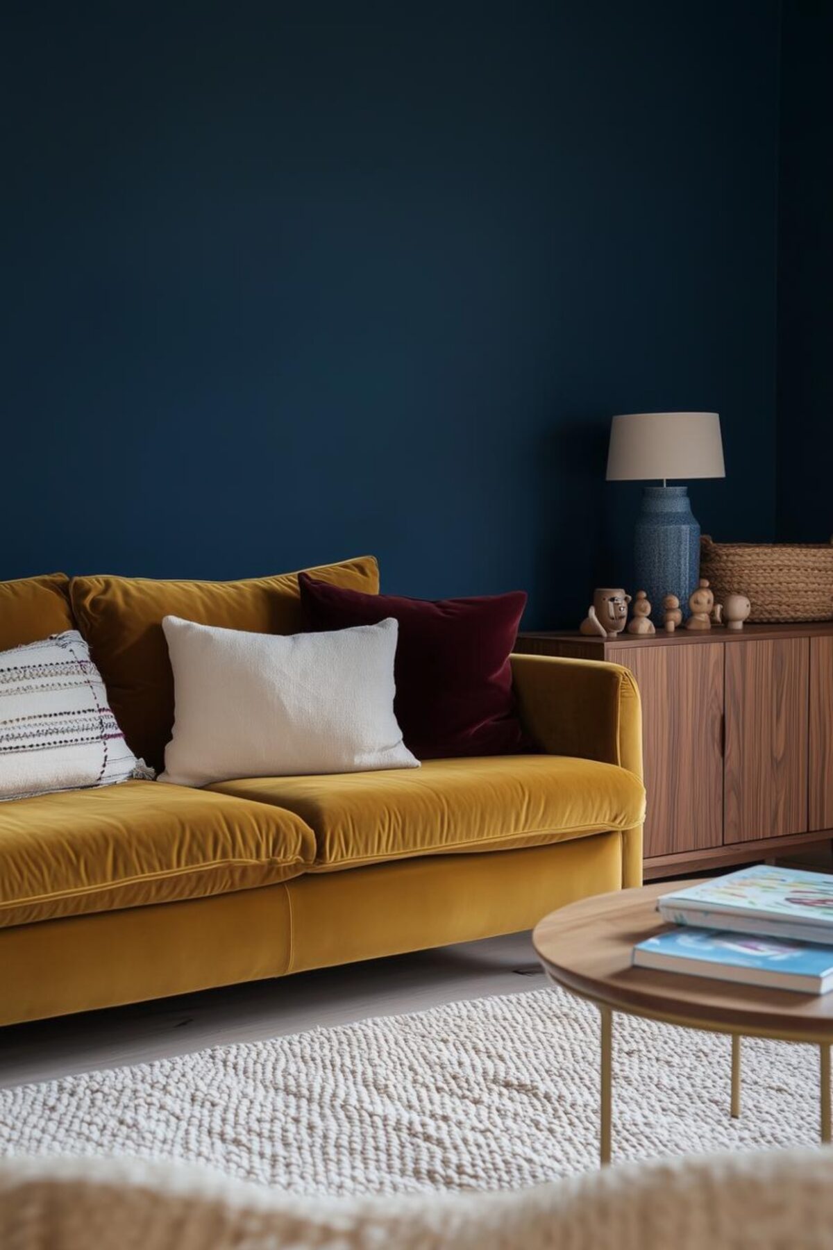 canapé en velours moutarde dans un salon familial avec mur bleu nuit, coussins colorés, meuble bas en bois et table ronde