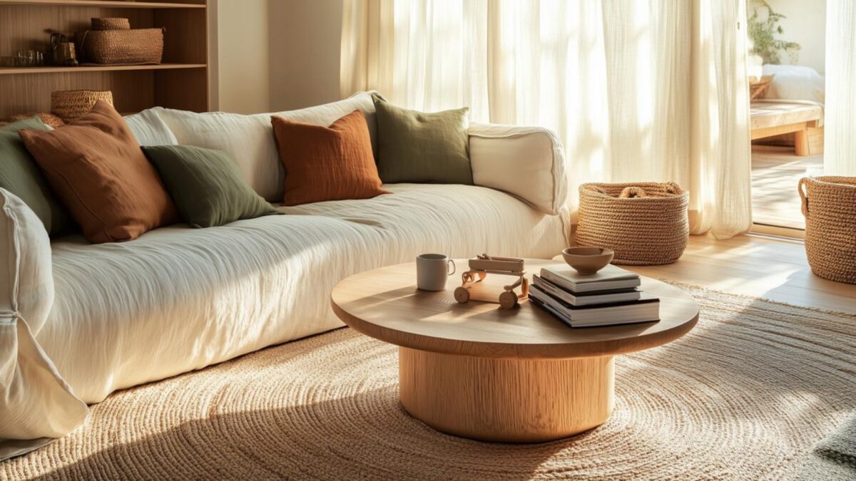 déco salon familial lumineux avec canapé en lin écru, table basse ronde en bois, tapis texturé et paniers de rangement près des baies vitrées