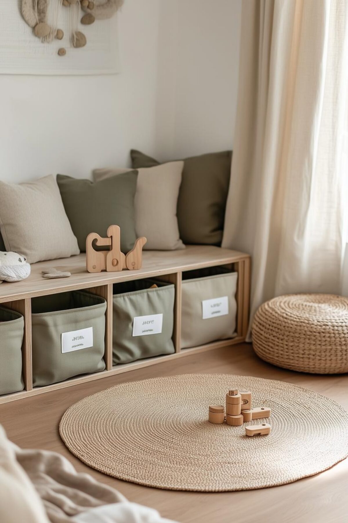 déco salon familial avec coin jeu lumineux, banquette en bois, bacs de rangement en tissu vert sauge, tapis rond en fibres naturelles et jouets en bois