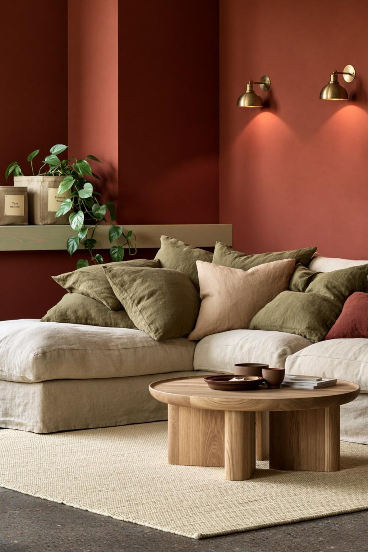 déco salon familial chaleureuse avec mur terracotta, canapé en lin clair, coussins kaki, appliques dorées et table basse en bois