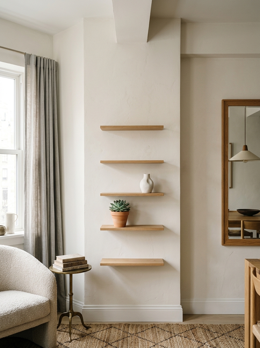 Des étagères murales flottantes en bois, une solution de rangement verticale et maline pour un petit espace.