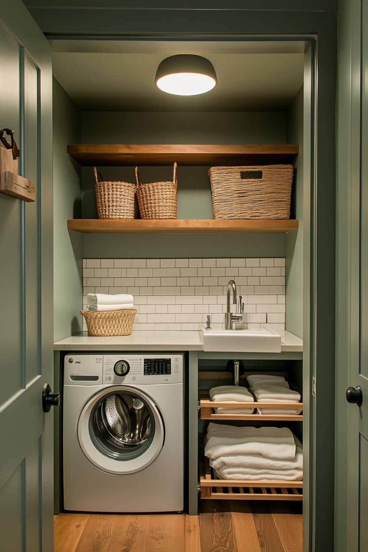 petite buanderie verte avec lave-linge, évier, paniers en osier et éclairage automatique idéal pour une zone technique