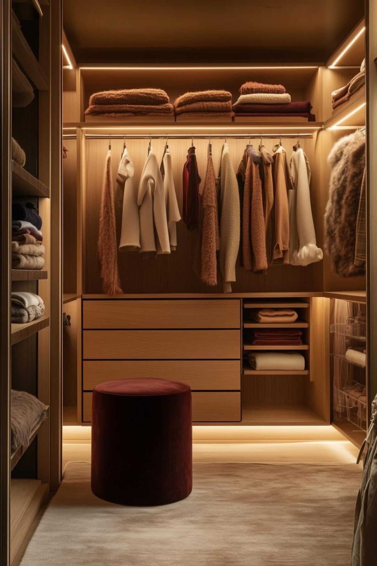 dressing en bois avec penderie, tiroirs et rubans LED chauds déclenchés par un détecteur de mouvement interrupteur